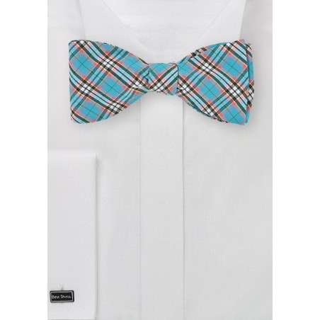 Turquoise Bow Tie with Trendy Plaid Design