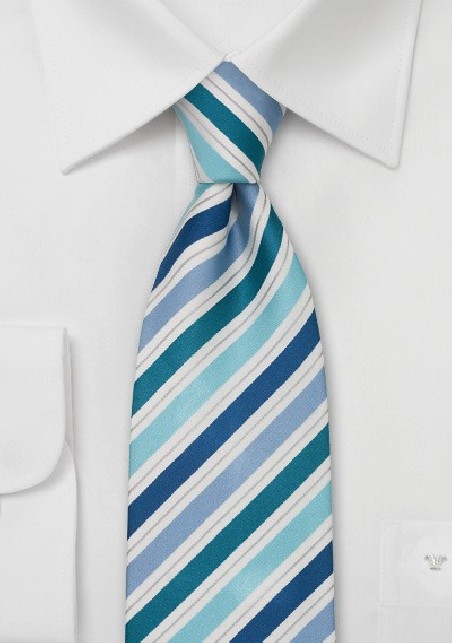 Striped XL Length Tie in Teal, Aqua, and Blue