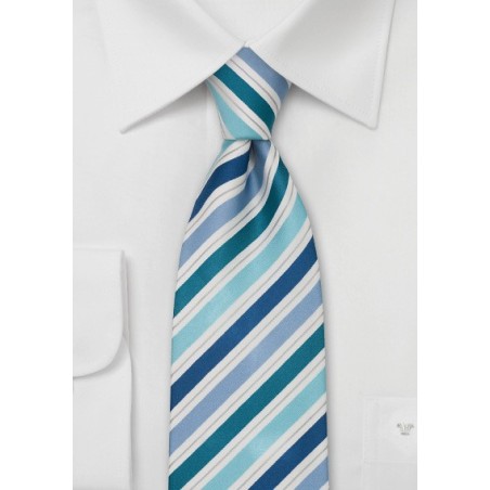 Striped XL Length Tie in Teal, Aqua, and Blue