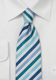 Striped XL Length Tie in Teal, Aqua, and Blue