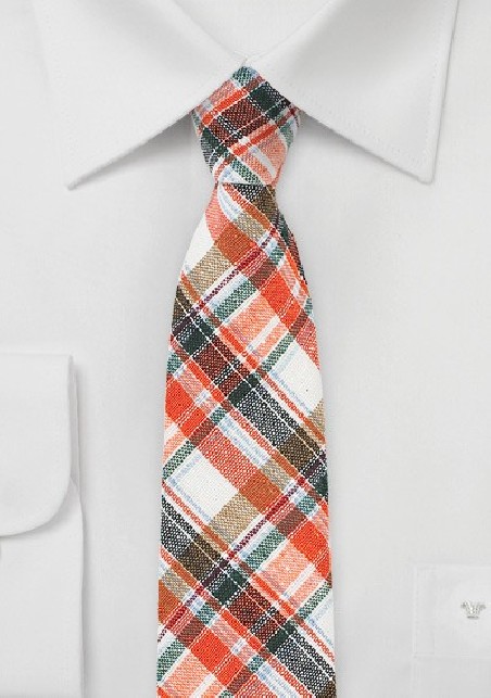 Orange, Tan, and Brown Linen Plaid Tie
