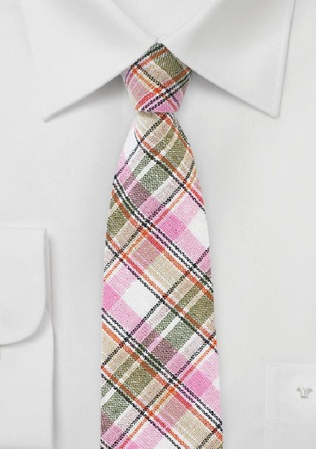 Pink, Tan, and Cream Colored Linen Plaid Tie