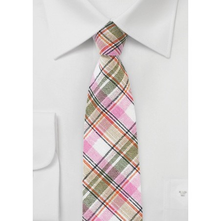 Pink, Tan, and Cream Colored Linen Plaid Tie