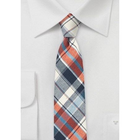 Cotton Madras Tie in Cream, Red, and Blue