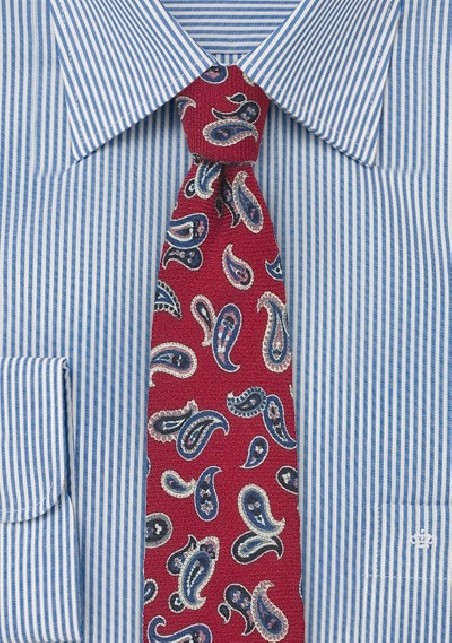 Red Wool Tie with Blue Paisley Print