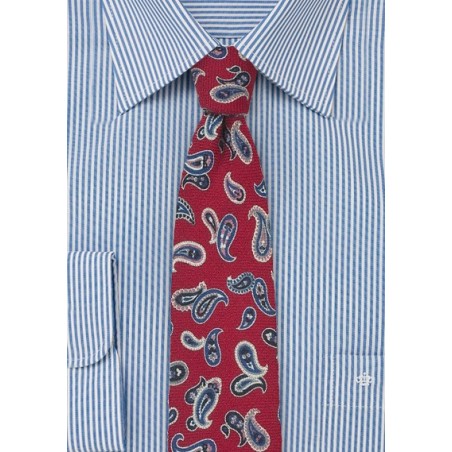 Red Wool Tie with Blue Paisley Print