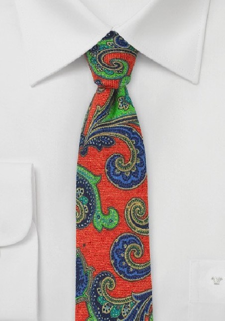 Bold Wool Paisley Tie in Orange, Lime, and Blue