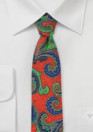 Bold Wool Paisley Tie in Orange, Lime, and Blue