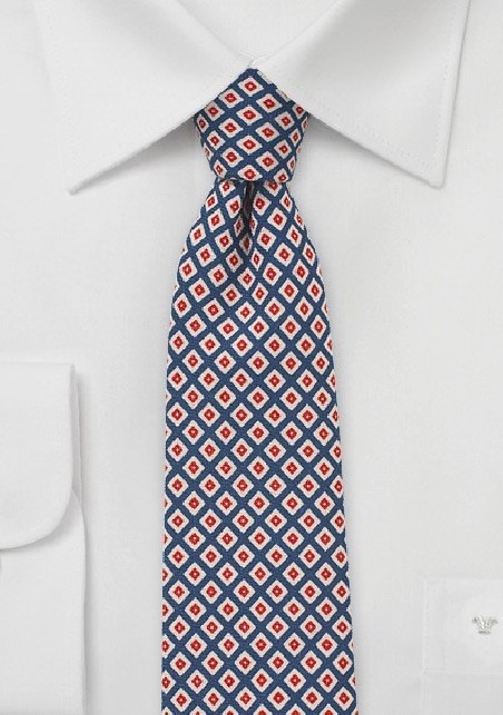 Retro Graphic Print Tie in Blue, Red, Cream