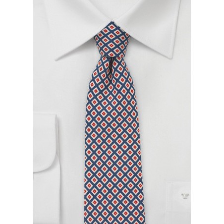 Retro Graphic Print Tie in Blue, Red, Cream