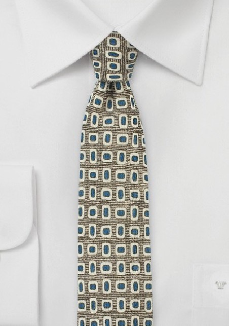 Olive and Blue Wool Print Skinny Tie