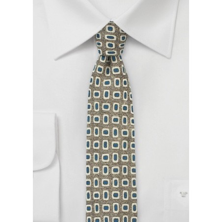 Olive and Blue Wool Print Skinny Tie