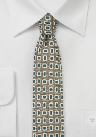 Olive and Blue Wool Print Skinny Tie