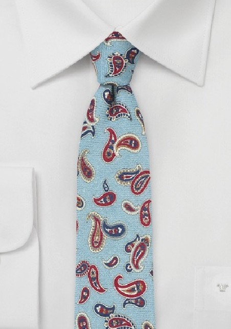 Paisley Print Tie in Wool in Light Blue