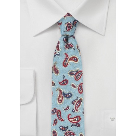 Paisley Print Tie in Wool in Light Blue