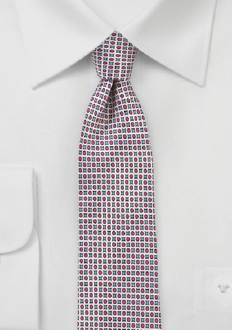 Geometric Print Silk Tie in Blue and Red