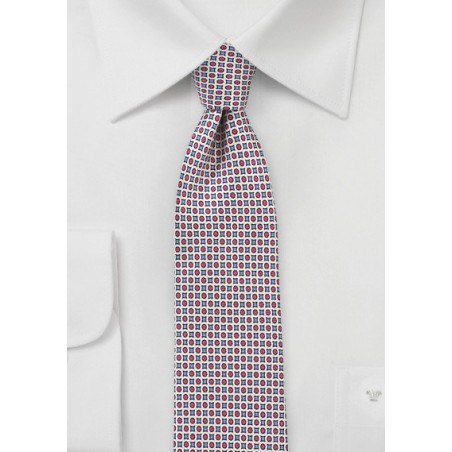 Geometric Print Silk Tie in Blue and Red