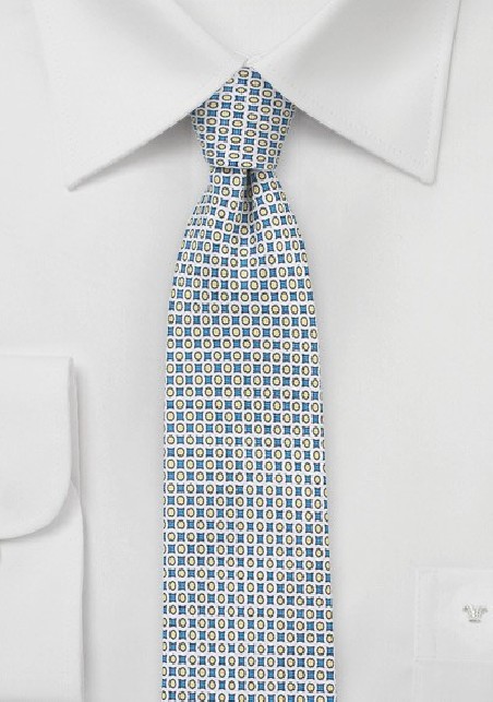 Geometric Print Designer Tie in Blue and Yellow