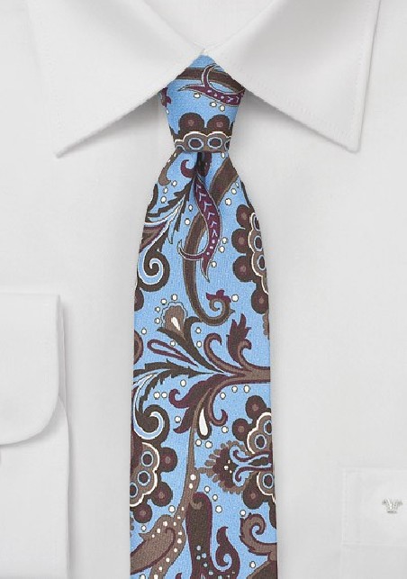 Retro Paisley Skinny Tie in Sky Blue and Brown