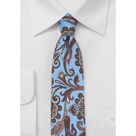 Retro Paisley Skinny Tie in Sky Blue and Brown