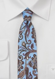 Retro Paisley Skinny Tie in Sky Blue and Brown
