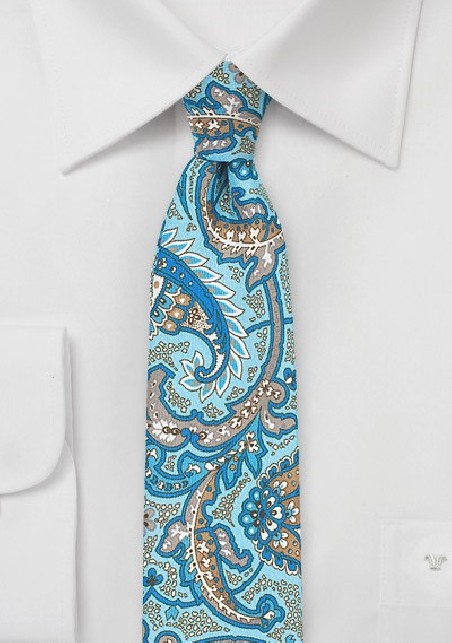 Skinny Paisley Silk Tie in Aqua and Gray