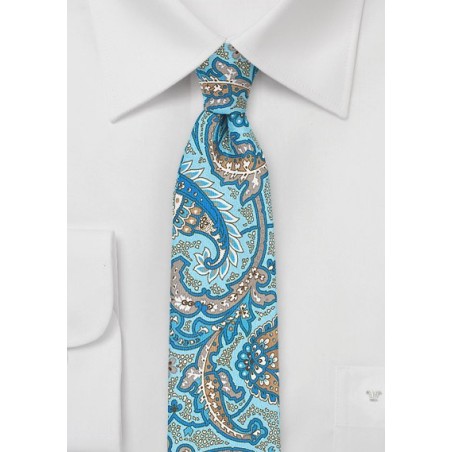 Skinny Paisley Silk Tie in Aqua and Gray