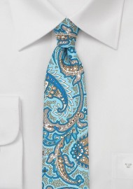 Skinny Paisley Silk Tie in Aqua and Gray