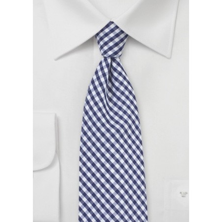 Cotton Micro Plaid Tie in Navy and White