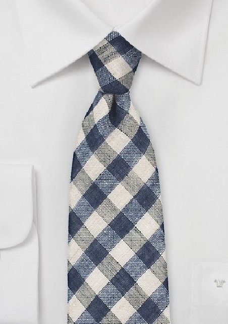Blue and Beige Gingham Tie in Wool and Linen
