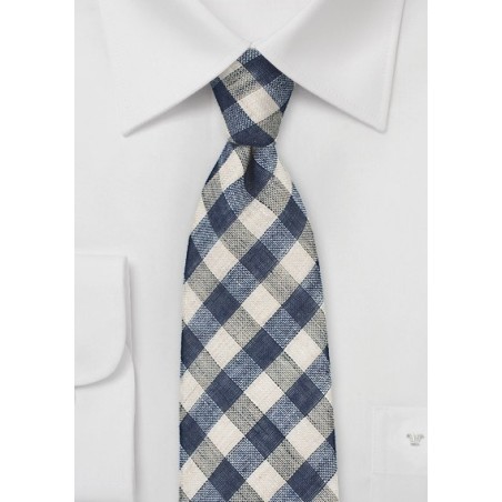 Blue and Beige Gingham Tie in Wool and Linen