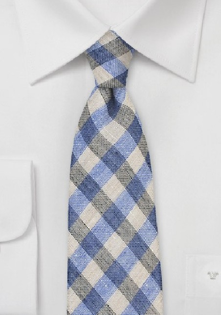 Wheat Tan and Light Blue Wool Plaid Tie