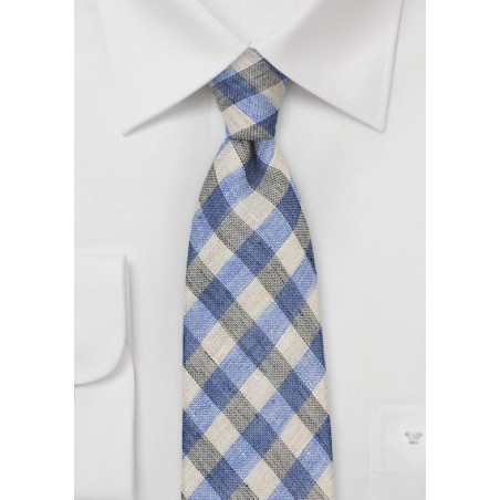 Wheat Tan and Light Blue Wool Plaid Tie