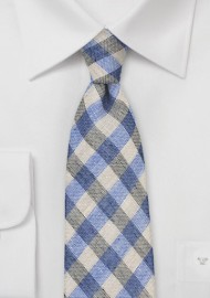 Wheat Tan and Light Blue Wool Plaid Tie