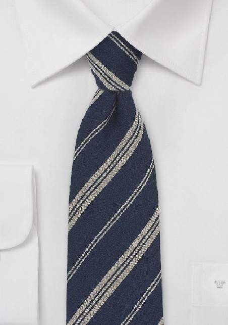 Dark Navy and Beige Striped Wool Tie