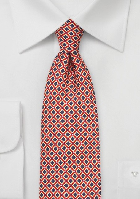 Vintage Geometric Print Tie in Navy, Yellow, Red
