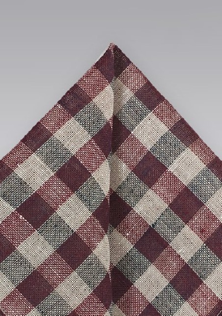 Wine Red and Beige Gingham Pocket Square