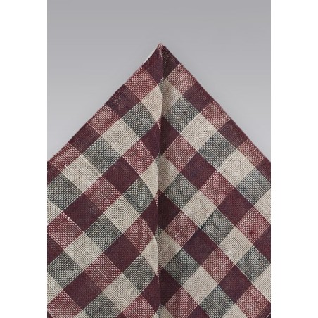 Wine Red and Beige Gingham Pocket Square