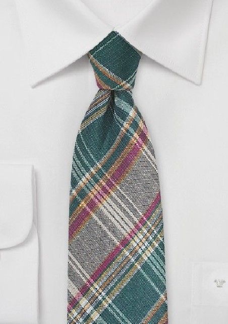 Autumn Madras Plaid Necktie in Green and Brown