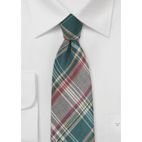 Autumn Madras Plaid Necktie in Green and Brown