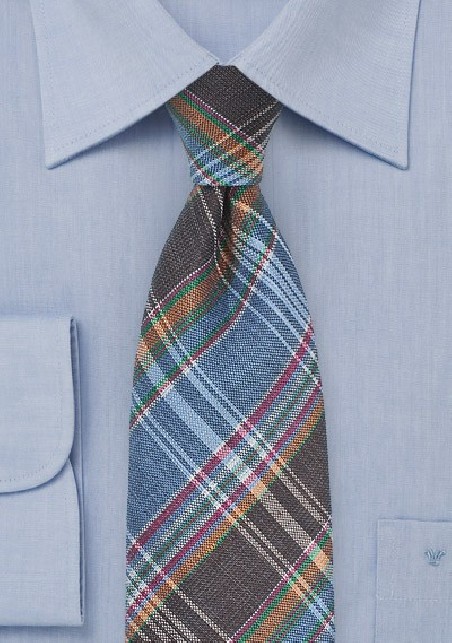 Autumn Madras Tie in Light Blue and Brown