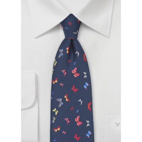 Navy Silk Tie with Colorful Butterfly Print