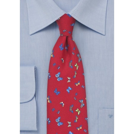Red Silk Tie with Colorful Butterflies