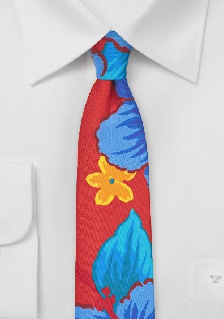 Skinny Silk Tie with Tropical Floral Print