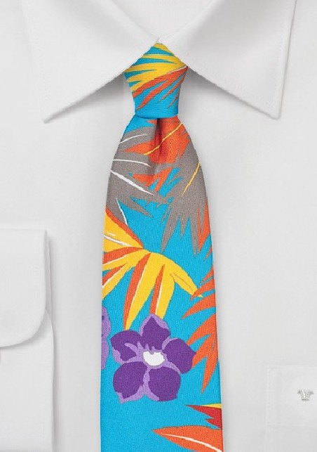 Aqua Blue Skinny Tie with Hawaii Print