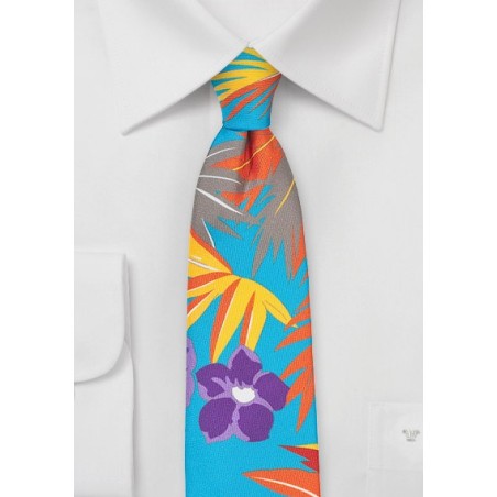 Aqua Blue Skinny Tie with Hawaii Print