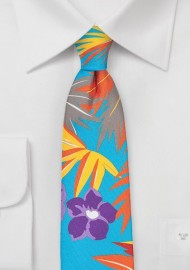 Aqua Blue Skinny Tie with Hawaii Print
