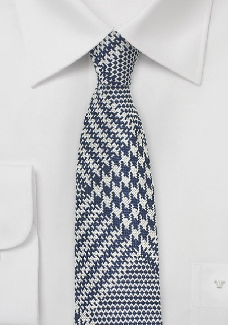 Glen Check Skinny Silk Tie in Navy and Silver