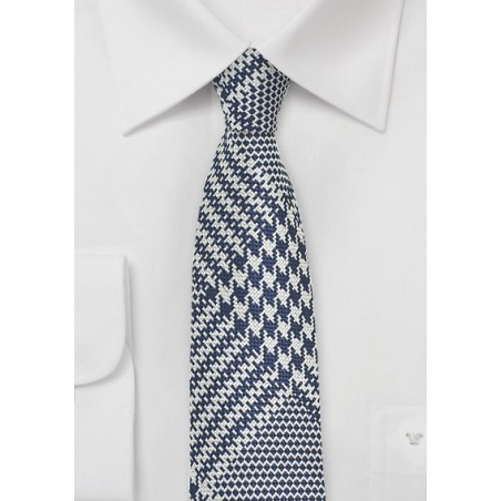 Glen Check Skinny Silk Tie in Navy and Silver