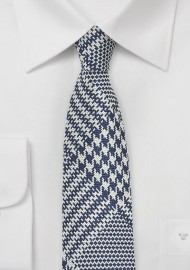 Glen Check Skinny Silk Tie in Navy and Silver